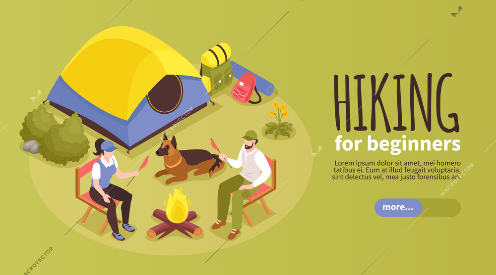 Isometric hiking camping horizontal banner with images of tent with campfire people and text with button vector illustration