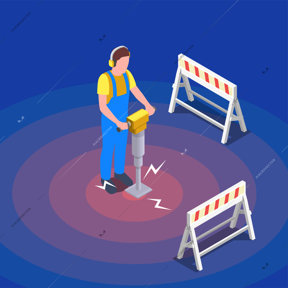 Noise pollution isometric concept with worker drilling the road vector illustration