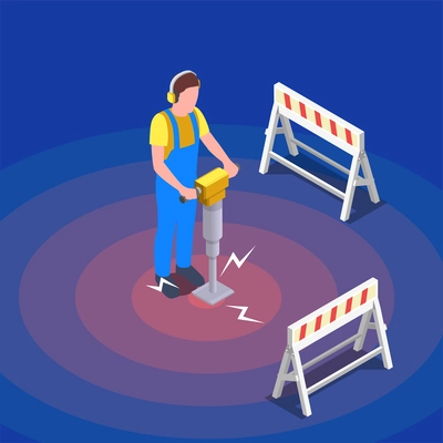 Noise pollution isometric concept with worker drilling the road vector illustration