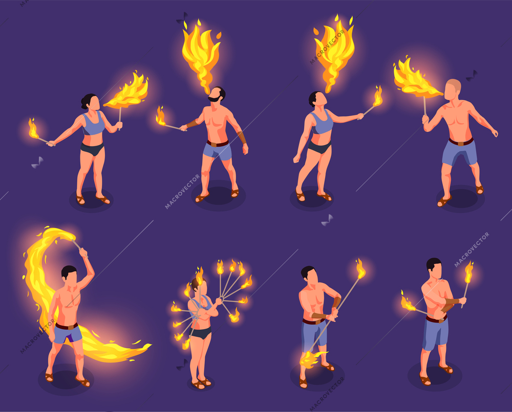 Fire show isometric icons set with male and female street performers isolated vector illustration