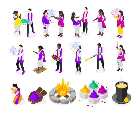 Holi isometric recolor set of holiday attributes so as traditional hot drink colorful powder bonfire isolated vector illustration