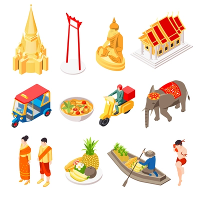 Thailand touristic isometric set with isolated icons of sights and food with people riding scooters boats vector illustration