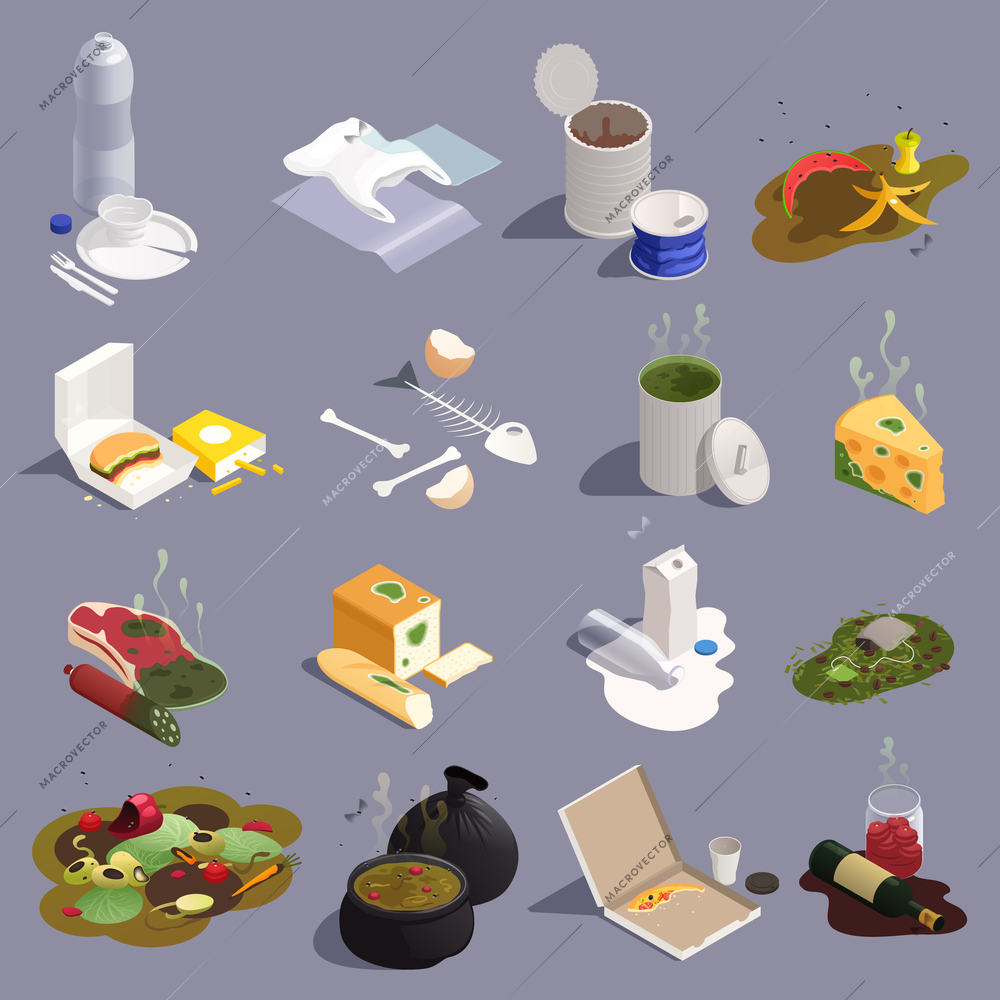 Food waste isometric set with expired rotten products leftovers plastic debris isolated on color background 3d vector illustration