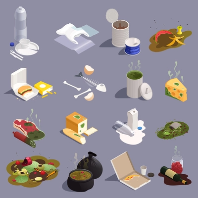 Food waste isometric set with expired rotten products leftovers plastic debris isolated on color background 3d vector illustration