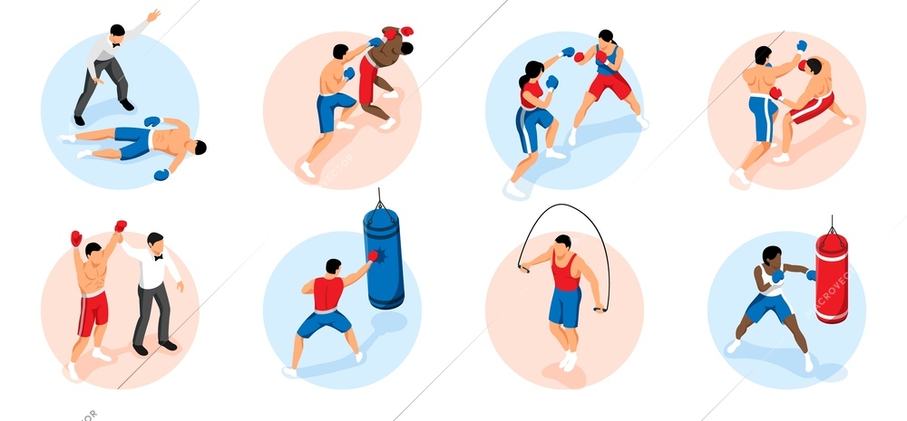 Isometric boxing set with circle compositions of practice and boxing fight scenes with men and women vector illustration