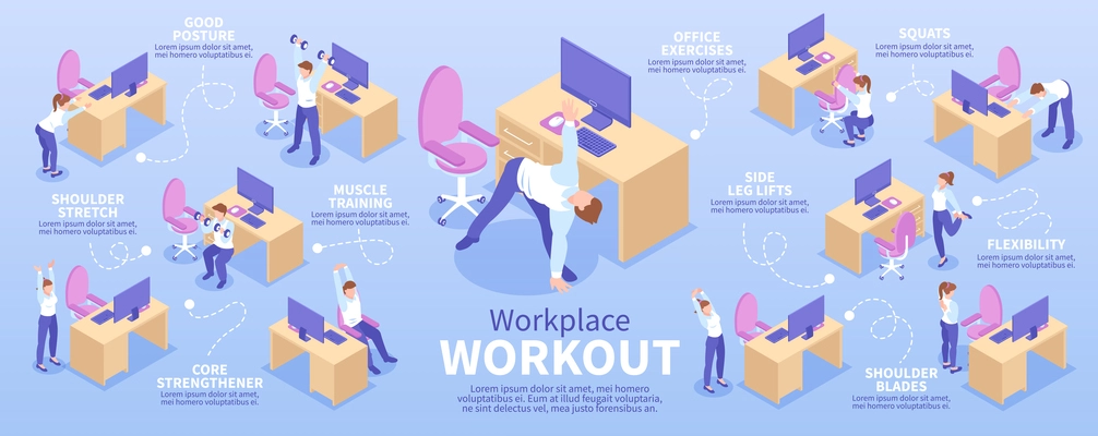 Isometric colored workplace workout infographic with shoulder stretch good posture muscle training core strengthener office exercises squats side leg lifts flexibility descriptions vector illustration