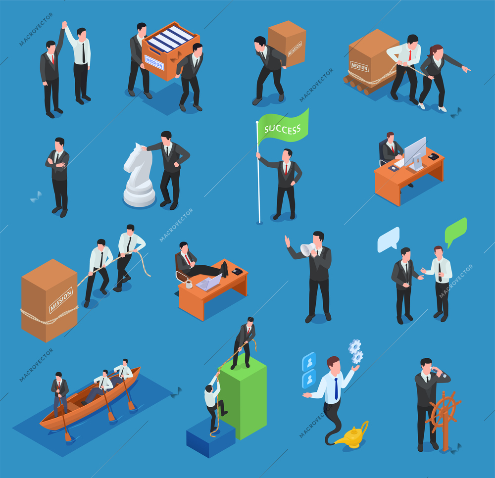 Leadership concept icons isometric set with isolated characters of business people dealing with difficulties getting success vector illustration