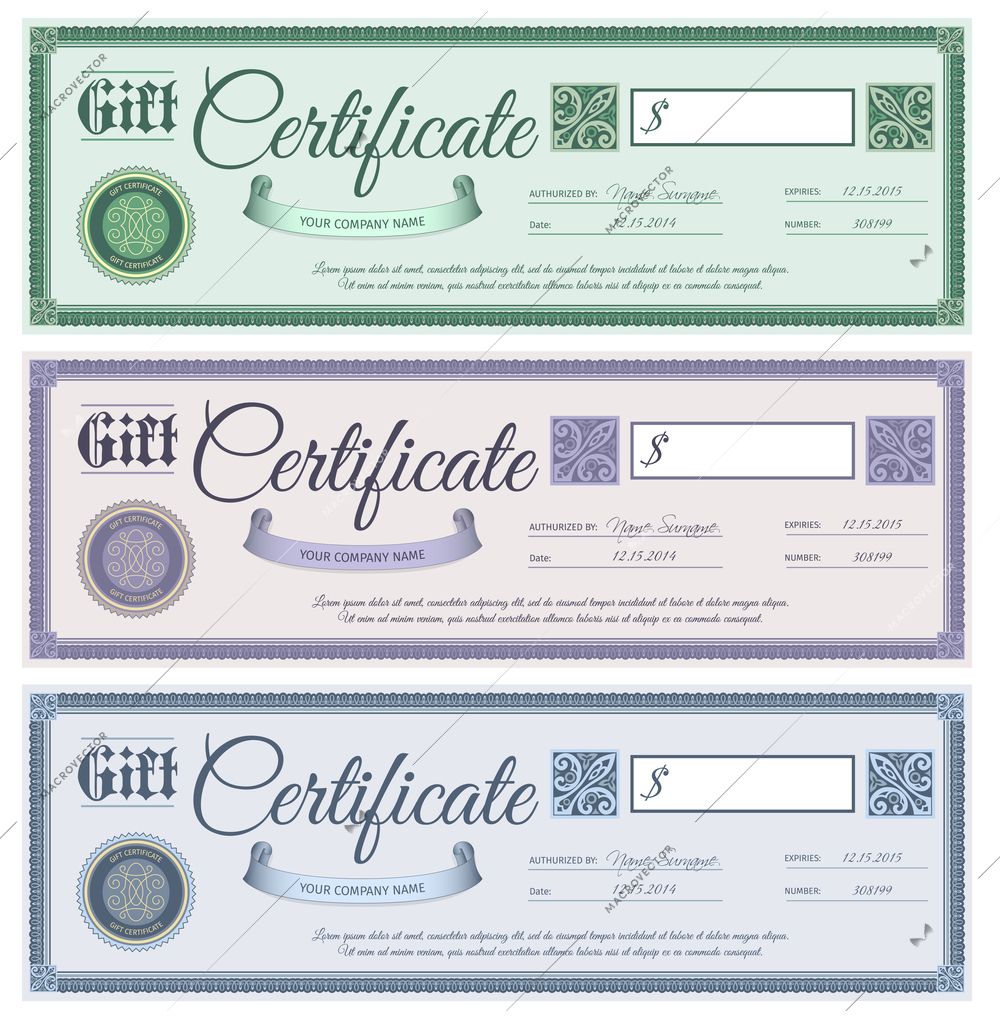 Gift promotion wedding certificates with filigree decor ornament set isolated vector illustration