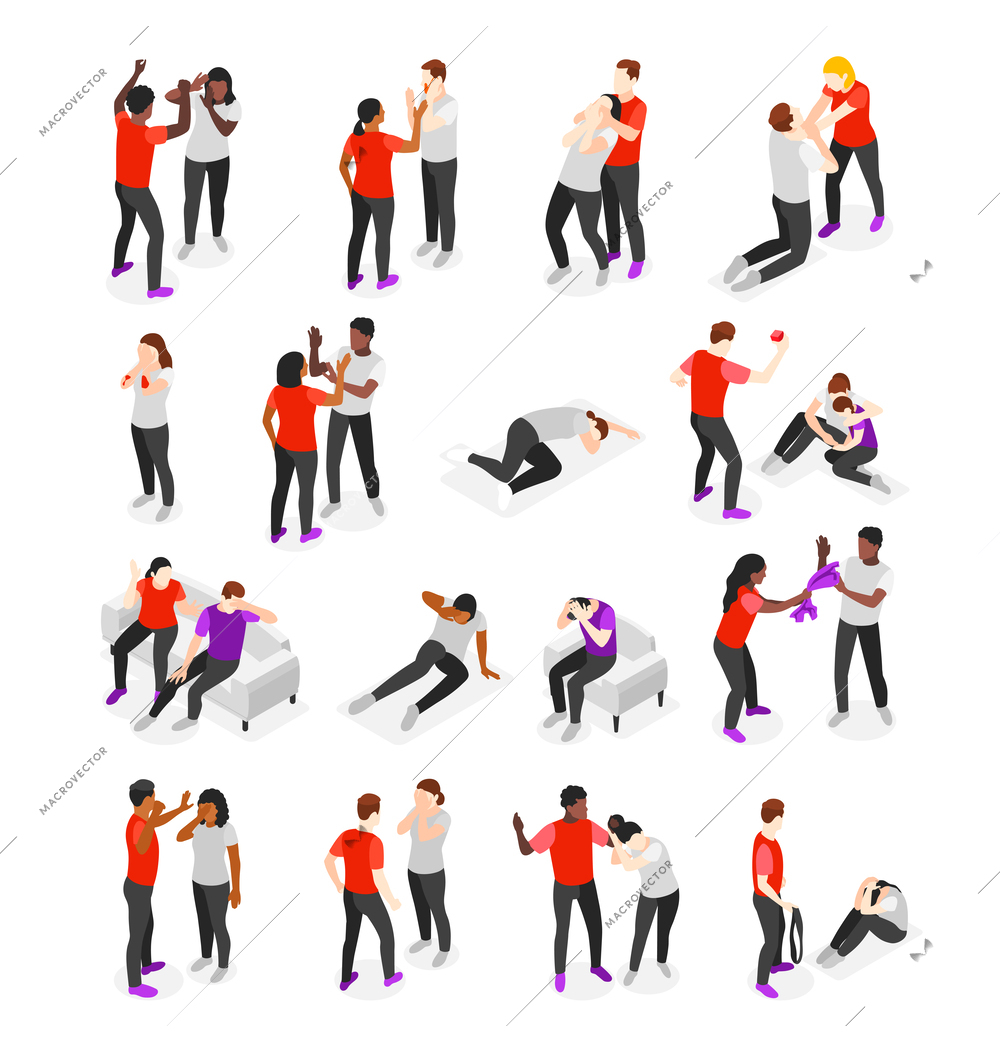 Domestic violence isometric recolor icons set with domination symbols isolated vector illustration