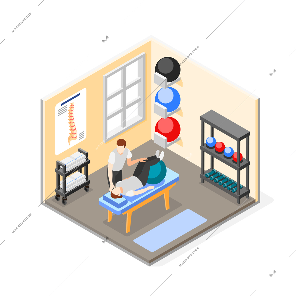 Physiotherapy and rehabilitation isometric concept with workout symbols vector illustration