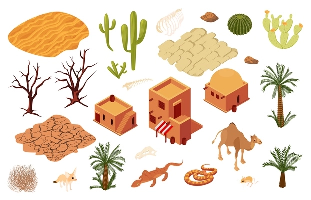 Desert isometric icons set of traditional mud brick architecture dry soils pavement sand dunes isolated vector illustration