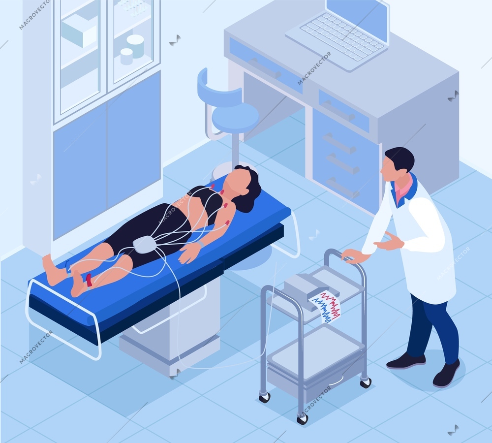 Cardiovascular checkup isometric background with patient lying on medical couch and doctor checking heart health with electrocardiogram vector illustration