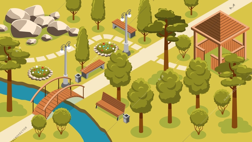 Isometric park landscape composition with view of modern city park scenery with summerhouse bridge and benches vector illustration