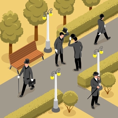 Isometric gentlemen outdoor composition with view of street pavement with vintage lamp posts and walking men vector illustration