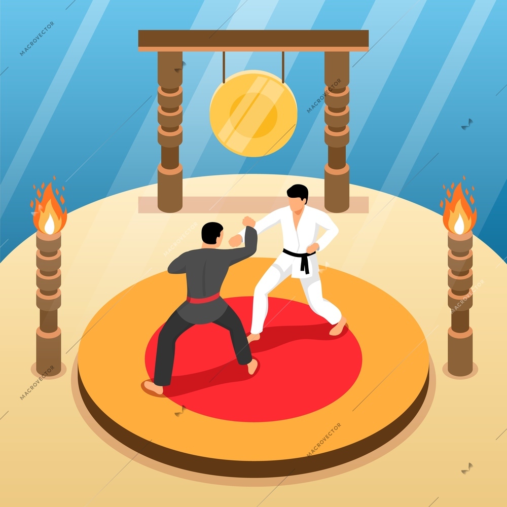 Isometric martial arts karate composition with round platform and two fighting men with oriental symbols torchlights vector illustration