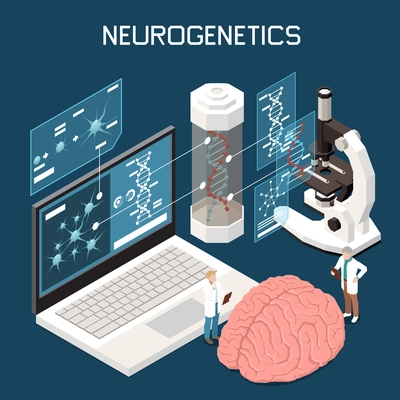 Isometric neuroscience neurogenetics composition with brain dna computer microscope characters of scientists 3d isometric vector illustration