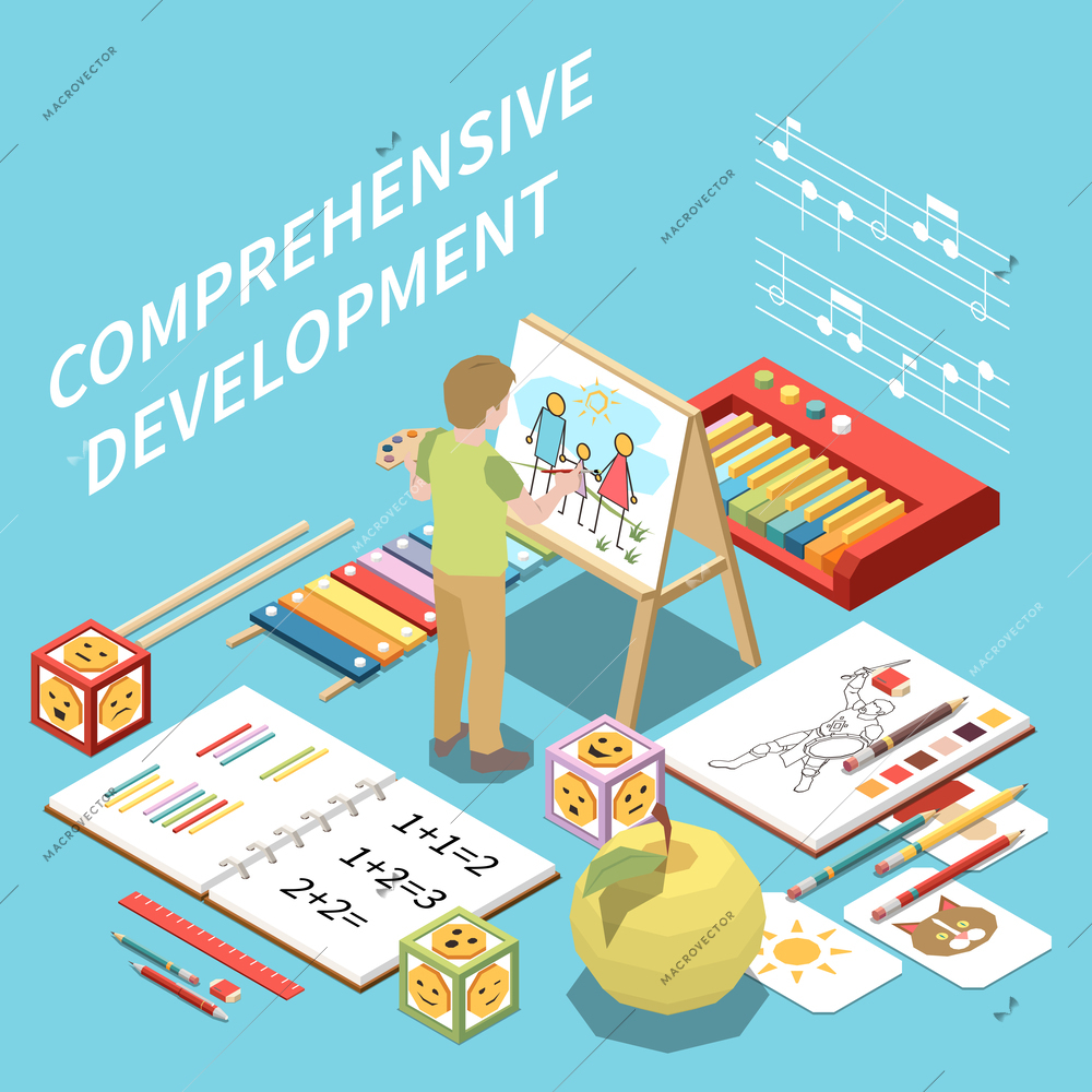 Isometric preschool education composition with boy painting on canvas and school objects for various skills development 3d vector illustration