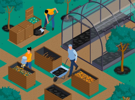 Garden composting isometric background with farmers pouring organic waste into compost bin and delivering ready made fertilizer to beds vector illustration