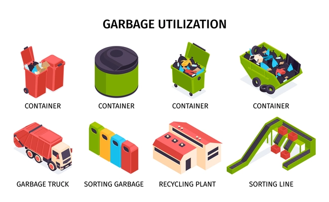 Isometric colored garbage recycling icon set with different types and sizes containers garbage truck sorting urns recycling plant vector illustration