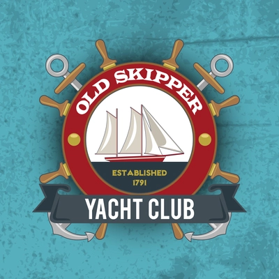 Vintage nautical old skipper yacht club emblem with sailing ship vector illustration