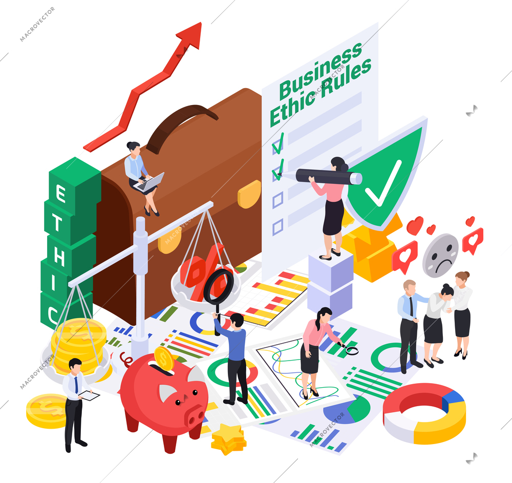 Business ethics isometric composition with human characters ethic rules checklist with briefcase piggy bank and graphs vector illustration