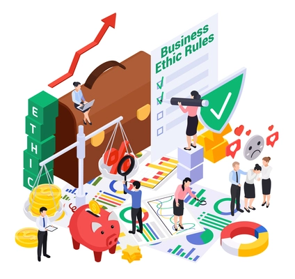 Business ethics isometric composition with human characters ethic rules checklist with briefcase piggy bank and graphs vector illustration