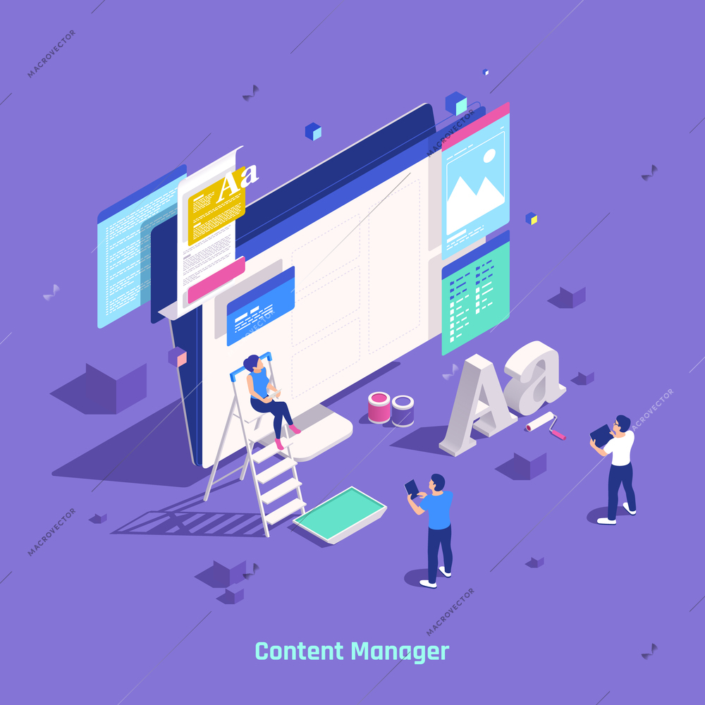 IT professions isometric concept with content manager symbols vector illustration