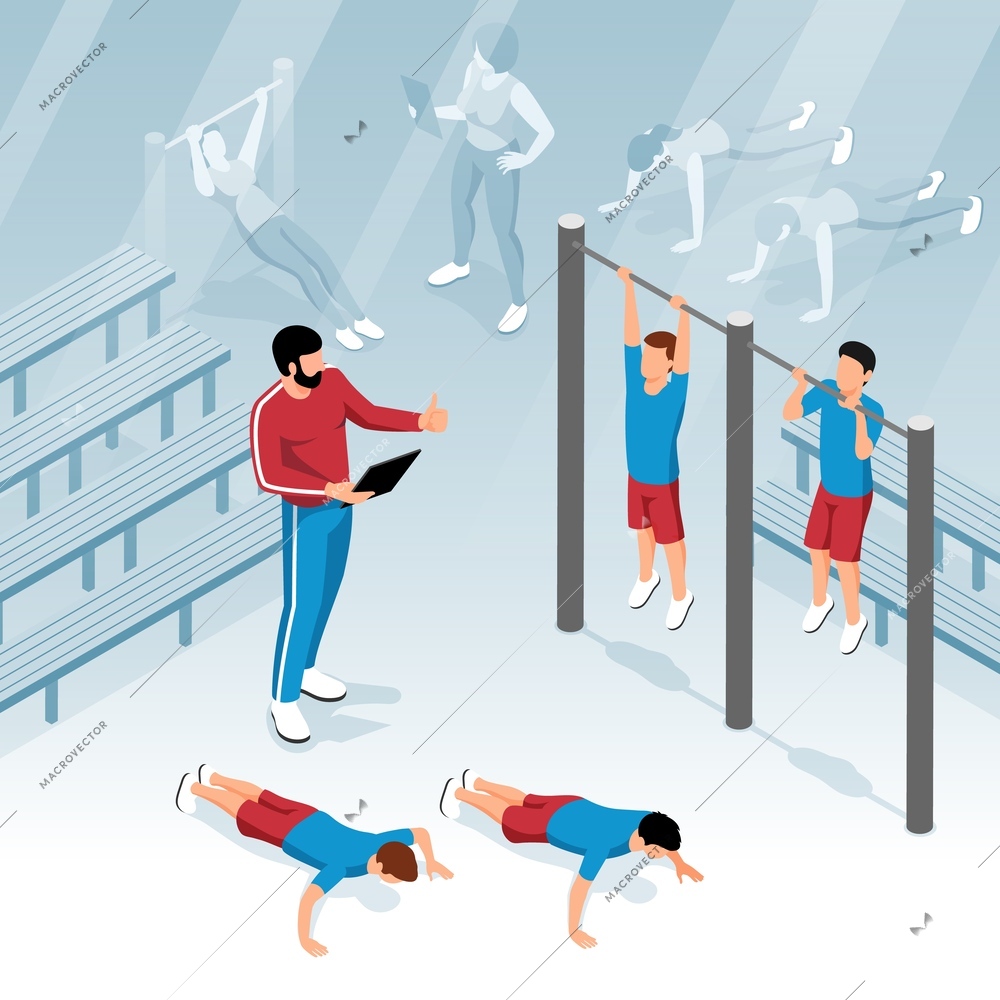 Physical education lesson at school with students doing pull ups and push ups isometric background 3d vector illustration