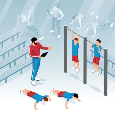 Physical education lesson at school with students doing pull ups and push ups isometric background 3d vector illustration