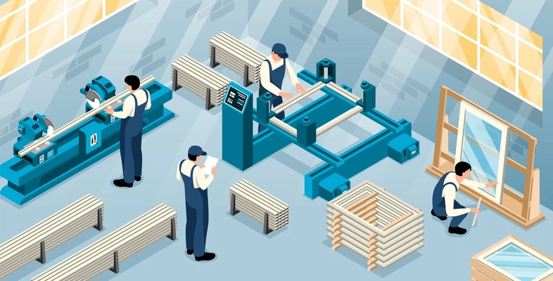 Plastic windows production process with factory equipment and workers in uniform 3d isometric horizontal vector illustration