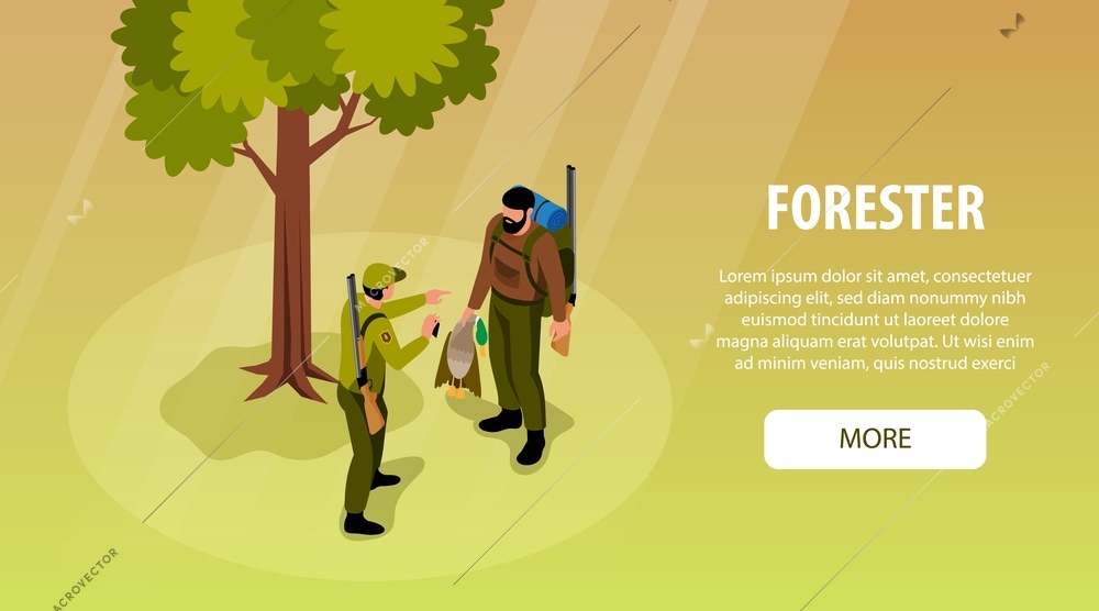 Isometric forester horizontal banner with ranger arresting poacher vector illustration