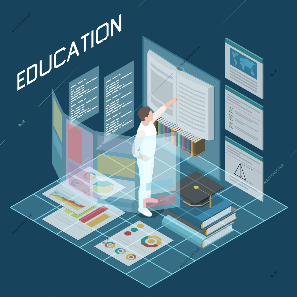 Education in metaverse isometric concept with student interacting with virtual book on color background 3d vector illustration