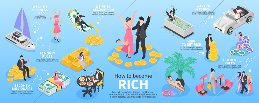 Rich people isometric infographics with wealthy business ideaa symbols vector illustration