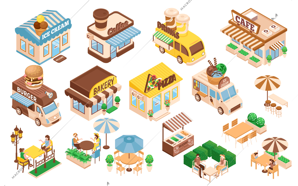 Isometric street cafe and coffee retail icons set isolated vector illustration