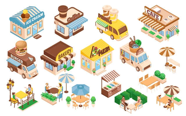 Isometric street cafe and coffee retail icons set isolated vector illustration