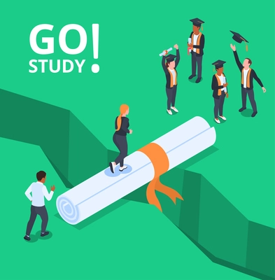 College isometric concept with people climbing on rolled diploma vector illustration