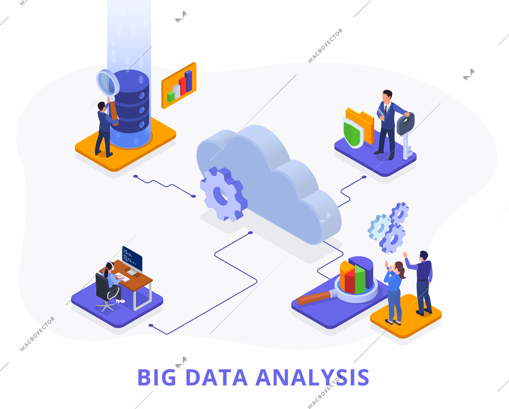 Isometric concept with big data analyst profession symbols vector illustration