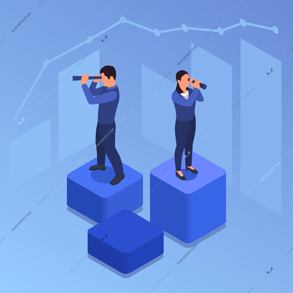 Corporate culture concept with business people using spyglass isometric vector illustration