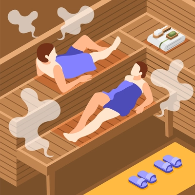 Bathhouse and spa isometric background with two woman relaxing in wooden steam room 3d vector illustration