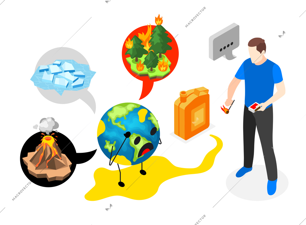 Climate change isometric composition with global warming and ice melting vector illustration