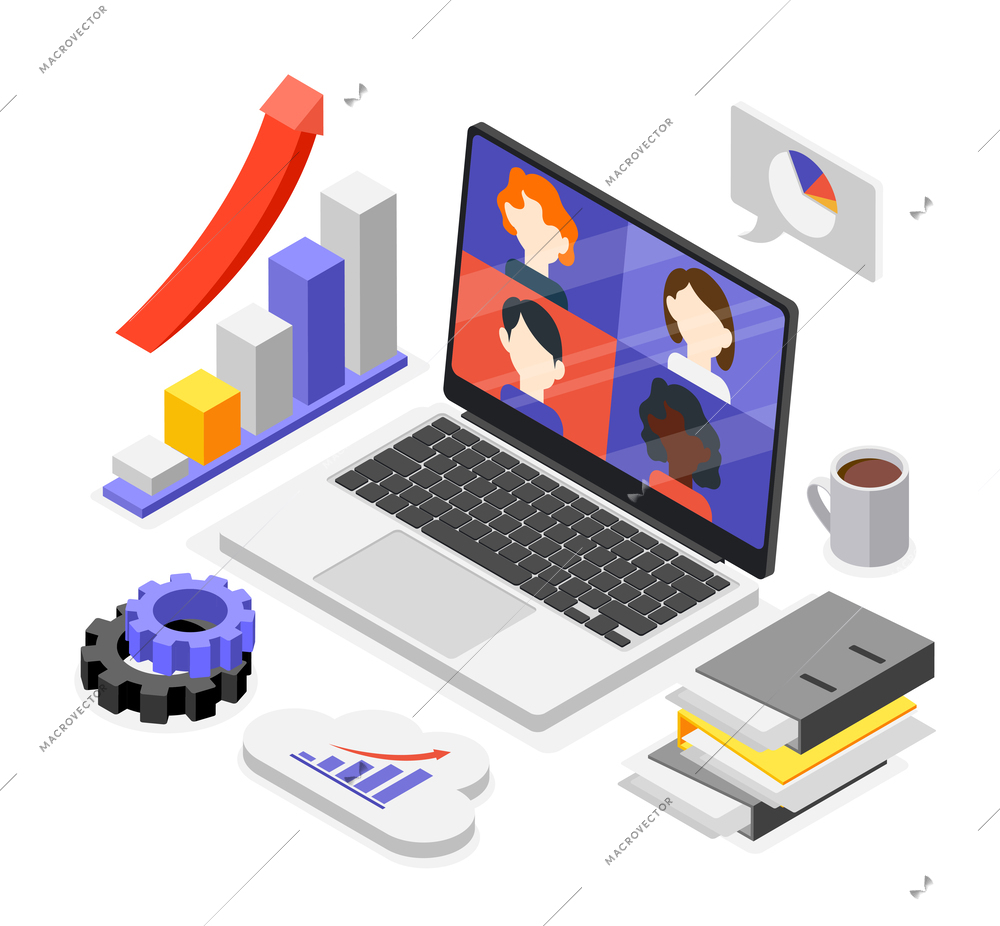 Business training isometric composition with open notebook with online seminar vector illustration