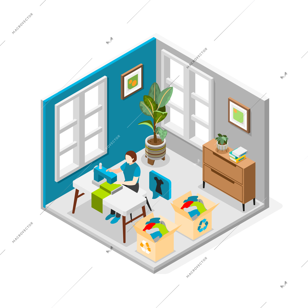 Sustainable fashion isometric composition with woman sitting at sewing machine and sewing clothes from recycled materials vector illustration