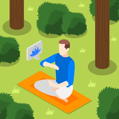 World tai chi and qigong day isometric background with man in lotus pose vector illustration