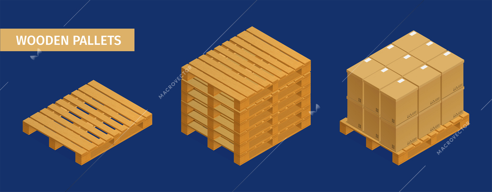 Isometric set of wooden pallets and cardboard cargo boxes on blue background isolated vector illustration