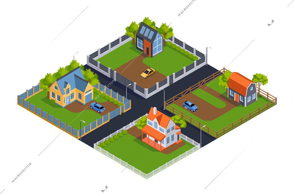 Isometric suburban village composition with private houses surrounded with different fences vector illustration