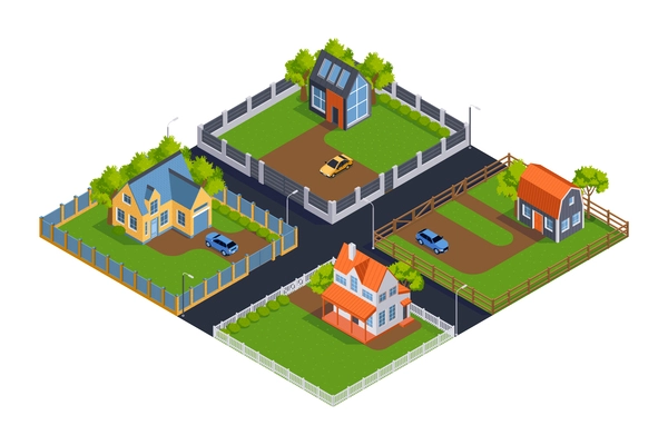 Isometric suburban village composition with private houses surrounded with different fences vector illustration