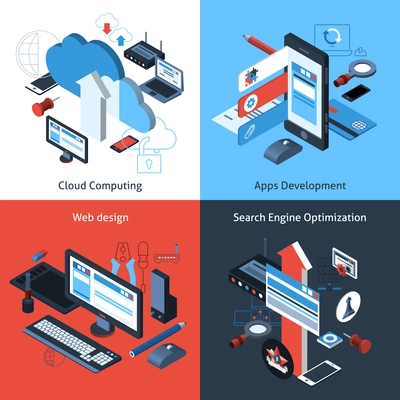 Computer and web design concept set with cloud computing apps development search engine optimization isometric icons vector illustration