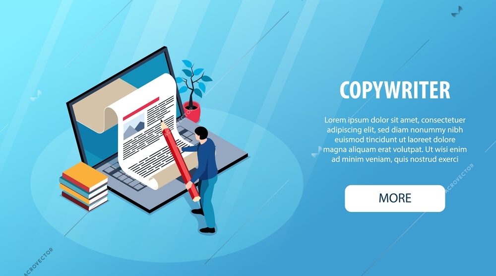 Isometric journalist horizontal banner with copywriter and piece of paper getting out from notebook vector illustration