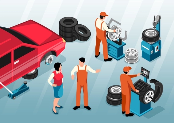 Isometric car repair concept with computer spare parts diagnostics vector illustration