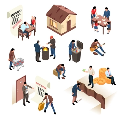 Isometric poverty icons set with people go begging and looking for food in trash can scenes isolated vector illustration